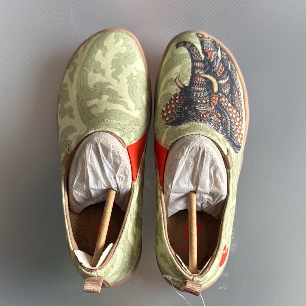 Green and Orange Slip-On Shoes with Elephant Design
